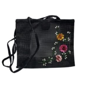 Shoulder Purse Black Transparent Mesh Square Beaded Flower Boho Handbag